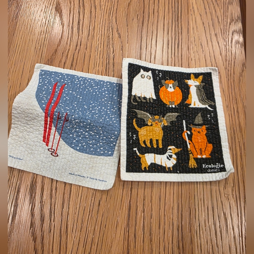 Halloween And Ski Season Sweedish Dish Cloth Pair